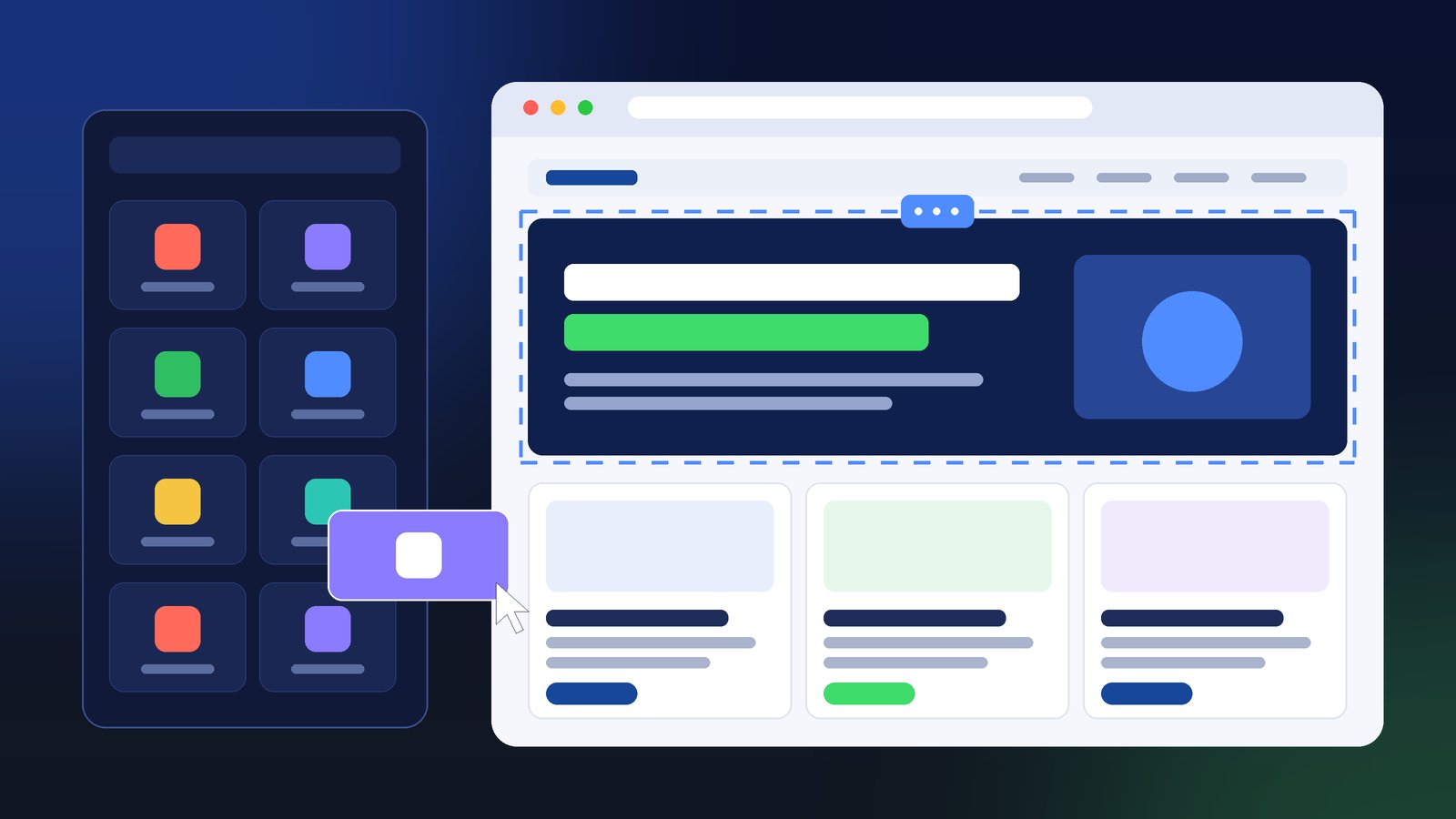 Illustrazione di un editor di pagine web con pannello dei widget e anteprima della pagina