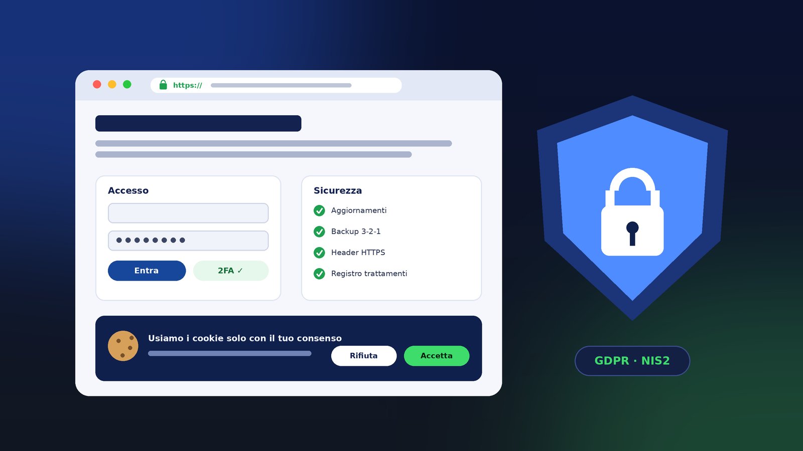 Illustrazione di un sito protetto da uno scudo con lucchetto, banner dei cookie e checklist di sicurezza